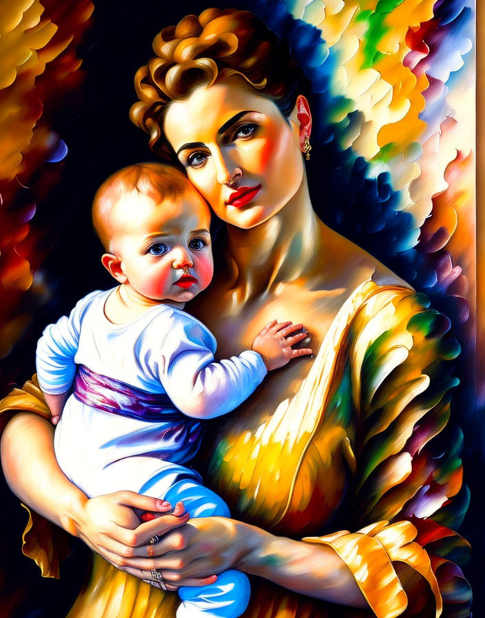 Colorful painting: Mother and baby with stylized features in vibrant setting