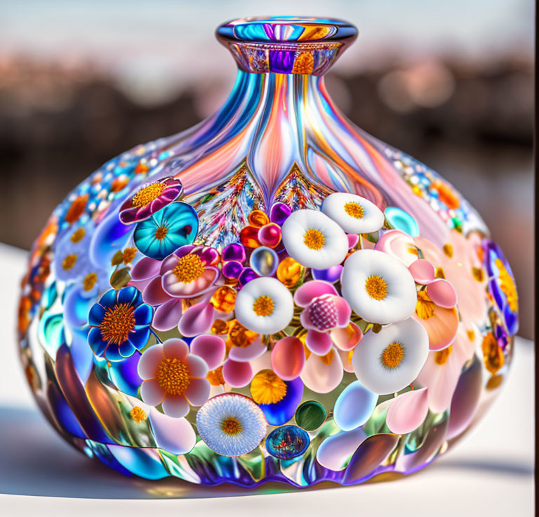 Colorful Flower and Swirl Pattern Glass Vase with Glossy Finish