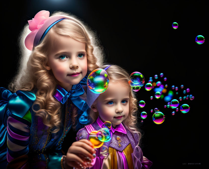 Colorful vintage dresses: Young girls blow soap bubbles