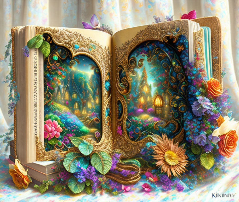 Intricate golden designs on open book reveal magical forest scene