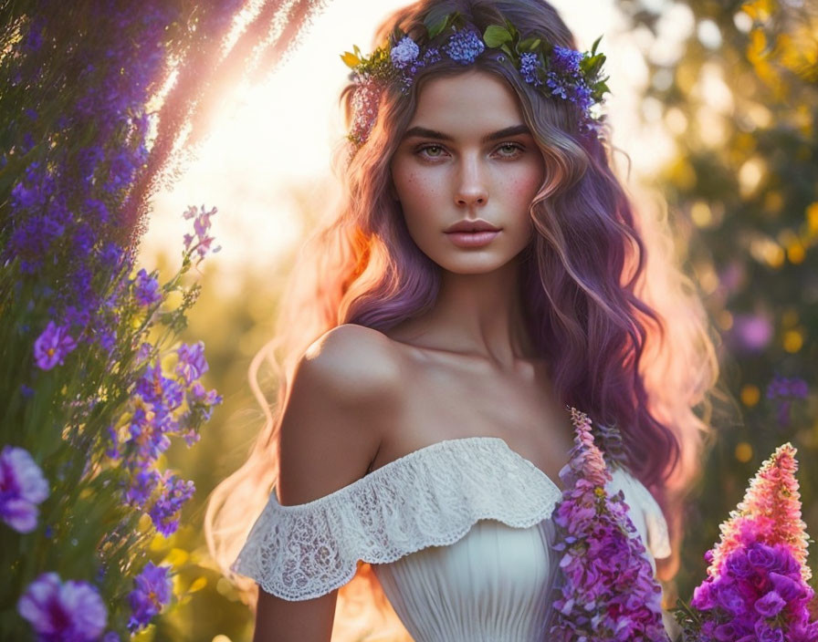 Purple-haired woman with floral crown surrounded by blooming flowers at golden hour