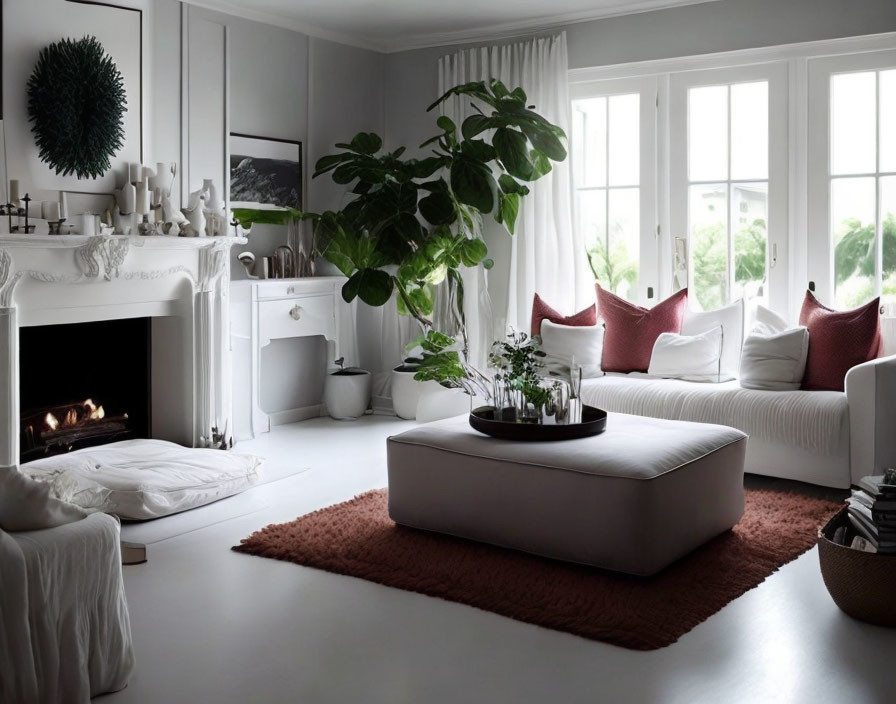 White-walled living room with fireplace, white sofas, red pillows, houseplant, ottoman,