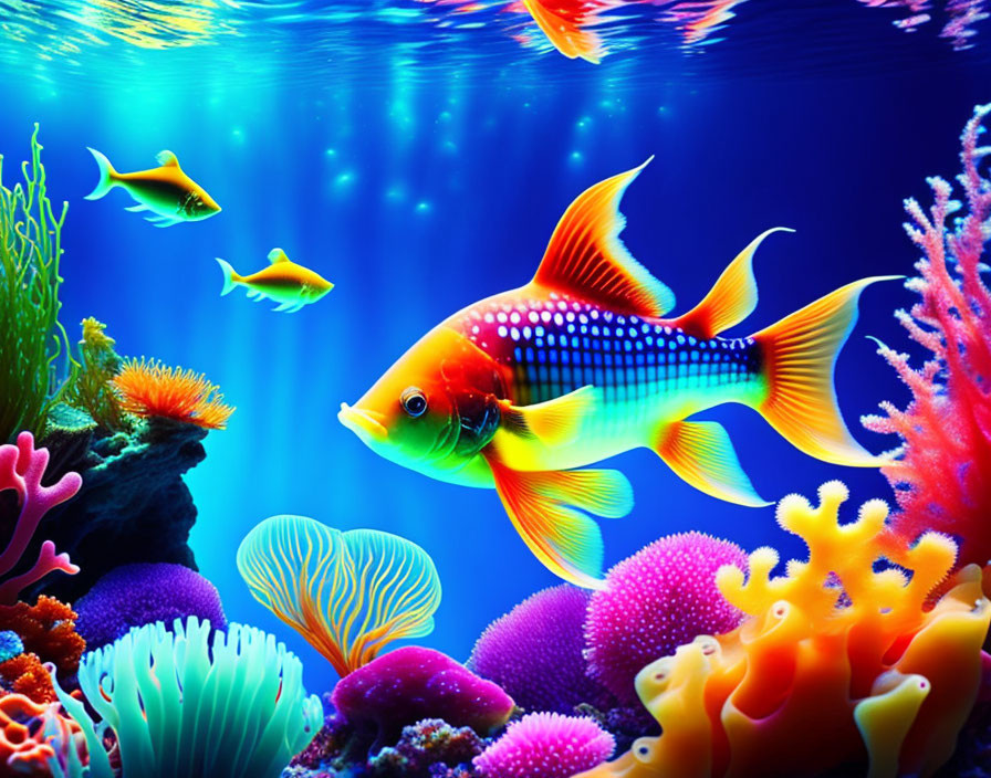 Vibrant tropical fish and coral reefs in bright ocean water