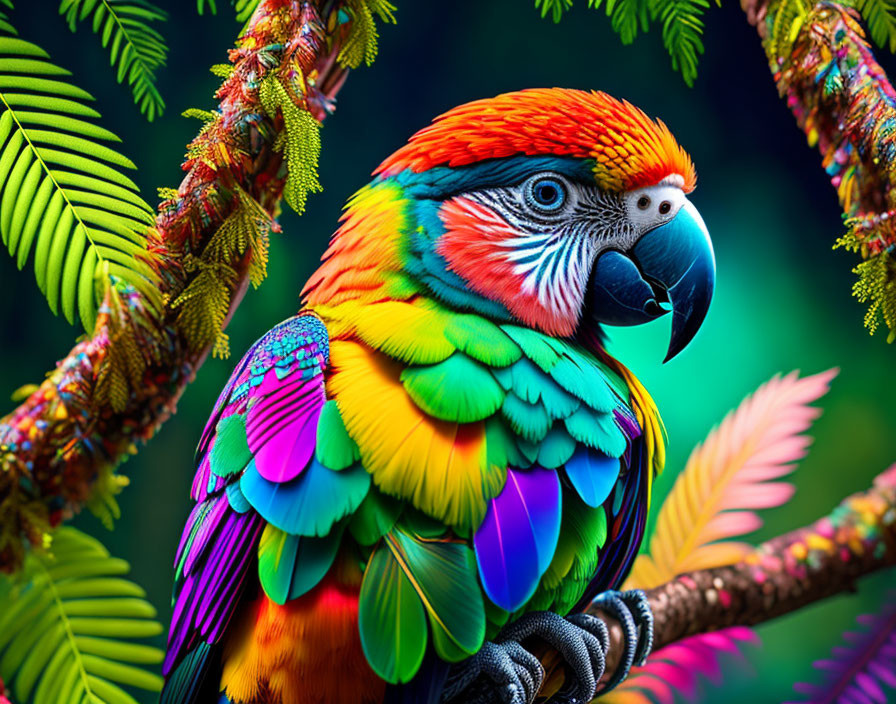 Colorful Macaw Perched on Branch in Lush Greenery