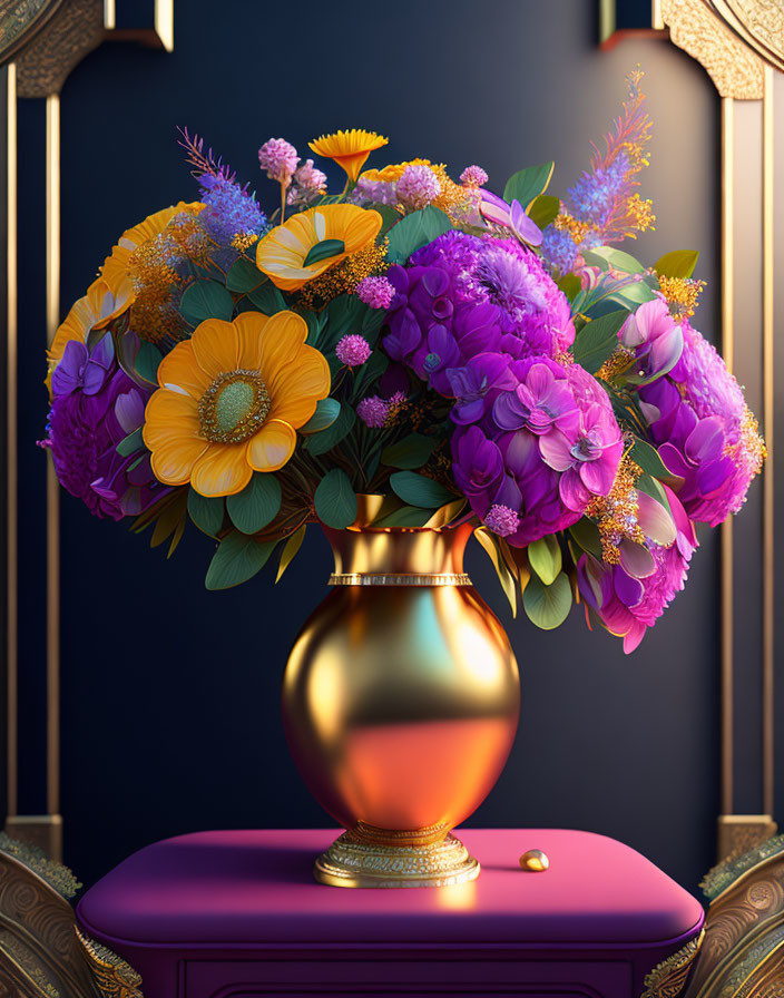 Colorful Flower Bouquet in Golden Vase on Purple Table