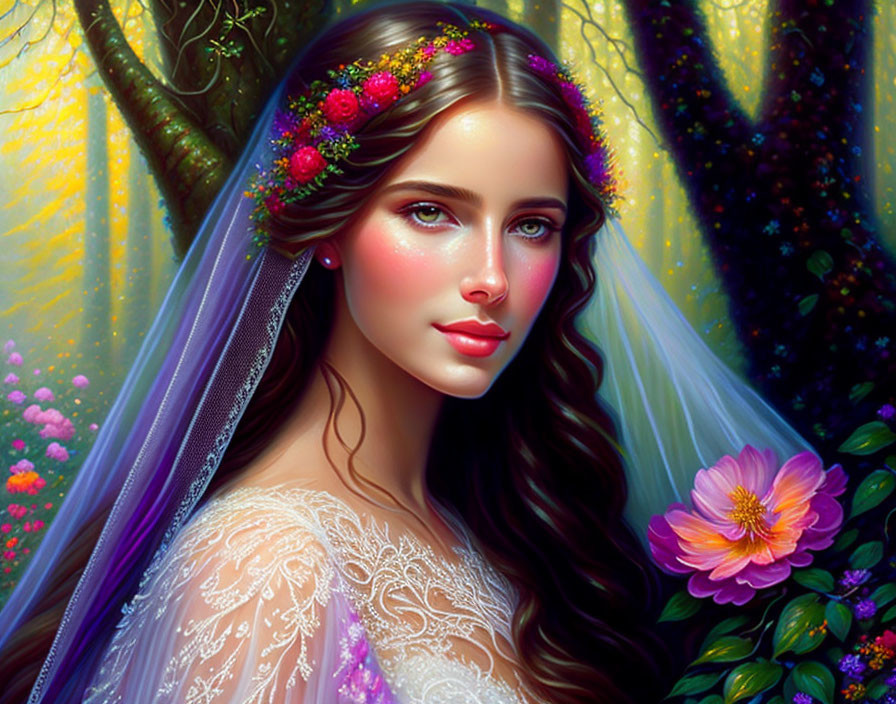 Woman with Floral Headpiece and Veil in Mystical Forest Scene