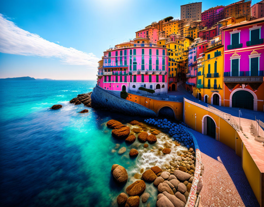 Vibrant coastal town: colorful buildings, azure sea, rocky shore