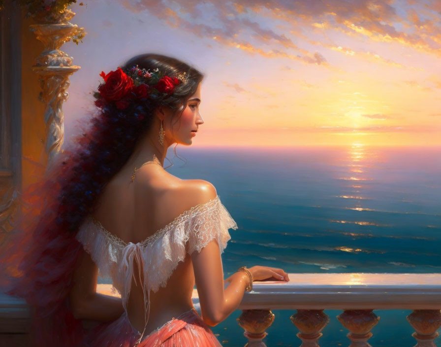 Woman in elegant dress admiring sunset view from balcony