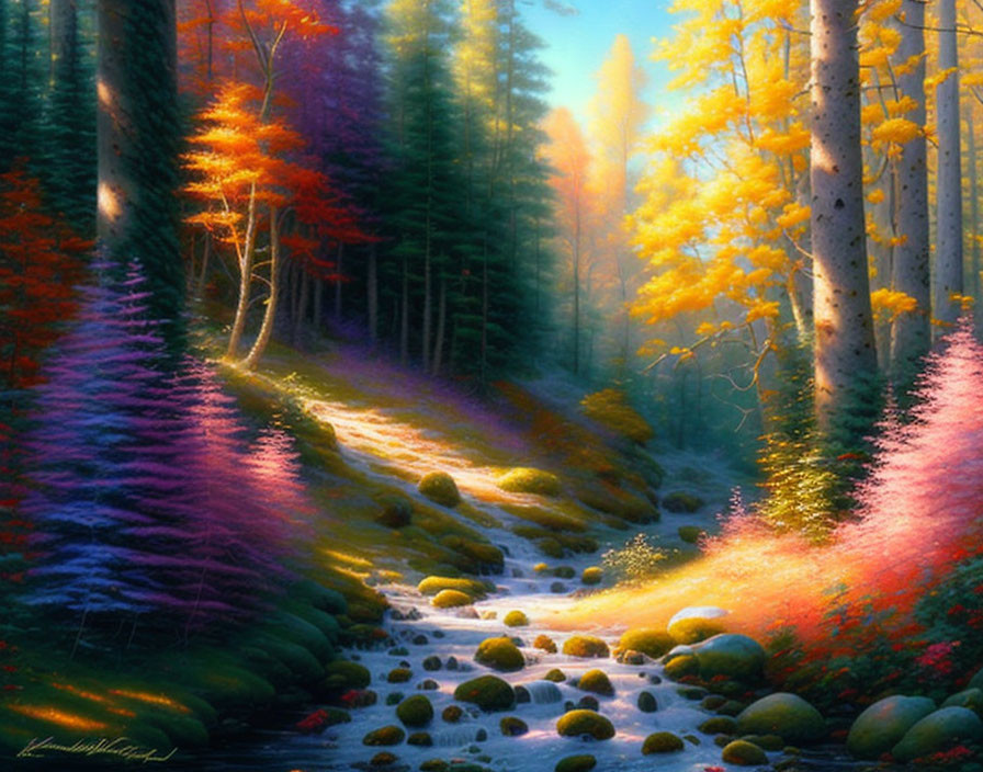 Colorful Forest Scene with Stream and Sunlight