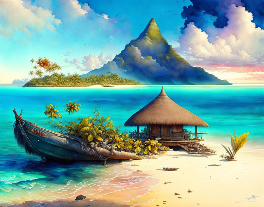 Tropical beach with thatched hut, canoe, lush vegetation, and mountain under cloudy sky