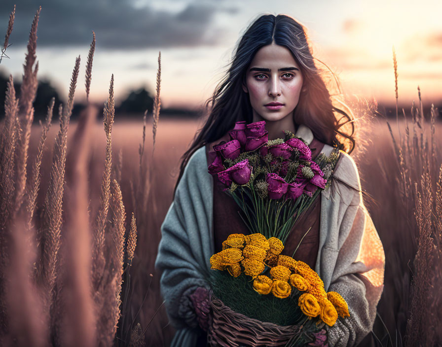 Woman holding flowers in tall golden grasses at dusk with dramatic sky