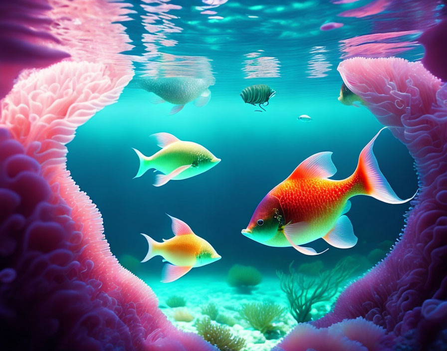 Colorful Fish Swimming Among Coral Reefs in Ethereal Underwater Scene