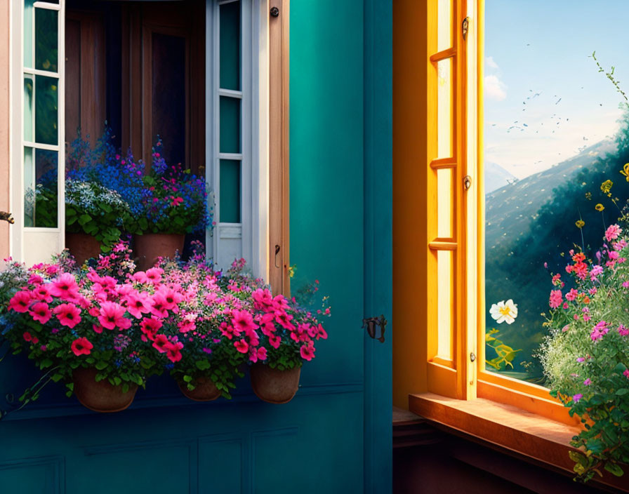 Teal Wall, Yellow Window, Pink Flowers, Green Mountain Landscape