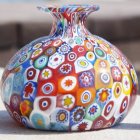 Colorful Flower and Swirl Pattern Glass Vase with Glossy Finish