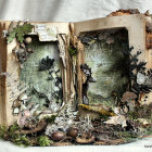 Intricate golden designs on open book reveal magical forest scene