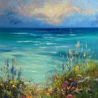 Colorful seascape with waves, sky, seagulls, and wildflowers