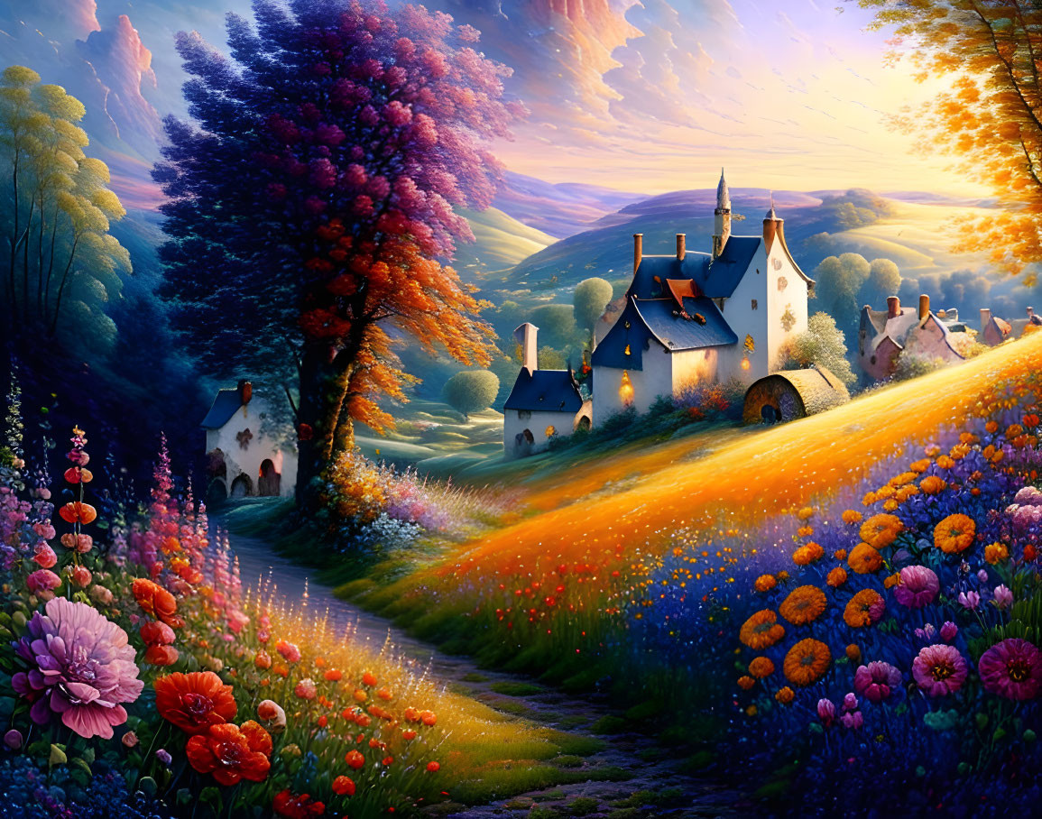 Colorful sunset landscape with flowers, cottages, and lush countryside path