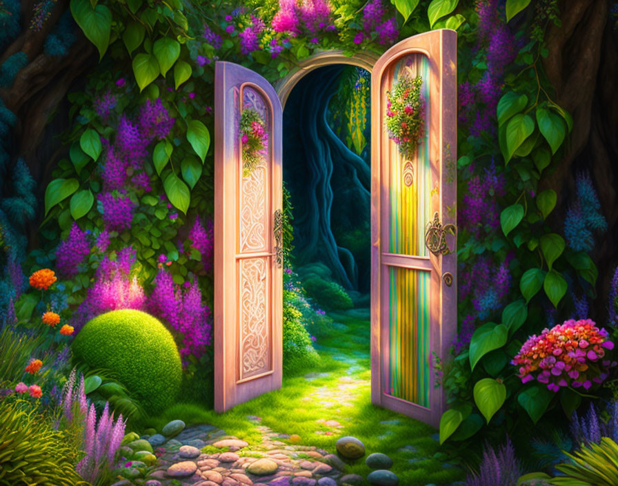 Enchanting forest path through ornate wooden door