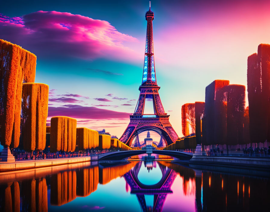 Eiffel Tower at Dusk with Purple and Pink Skies