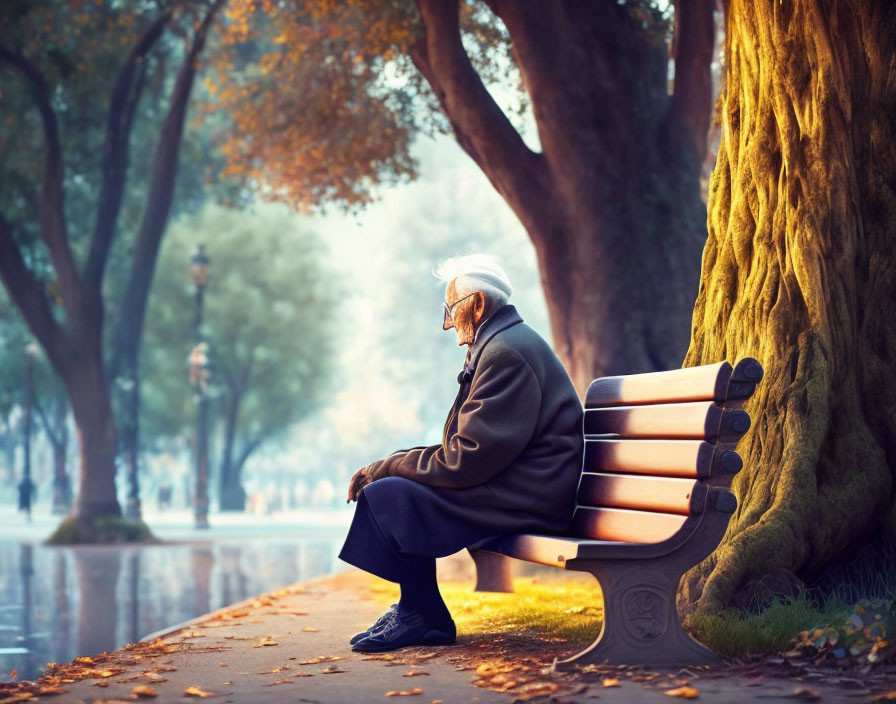 Elderly person on park bench in autumn scene