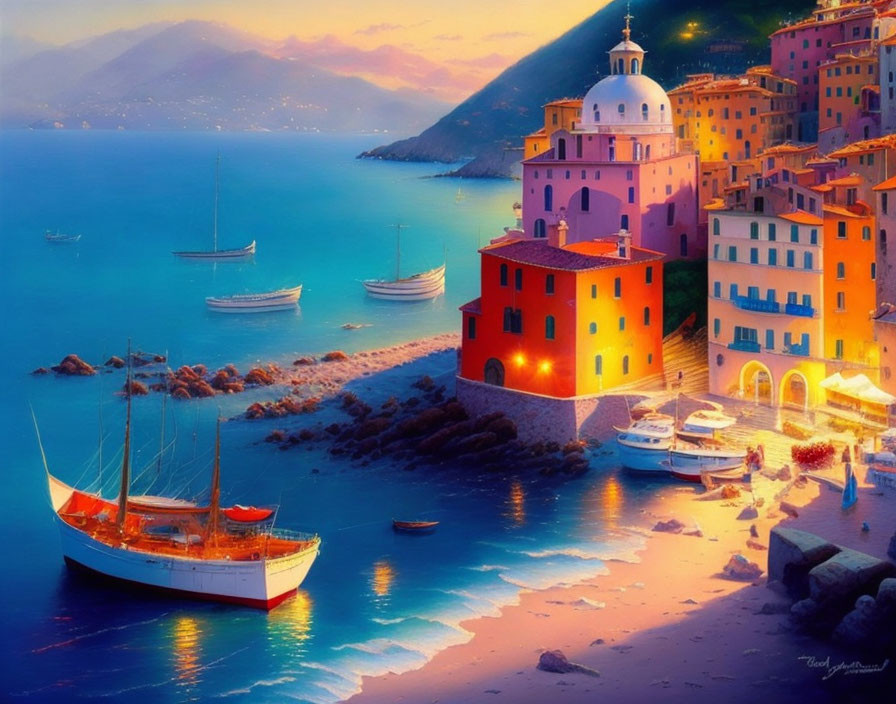 Pastel-colored coastal village at dusk with illuminated church, boats, and mountains