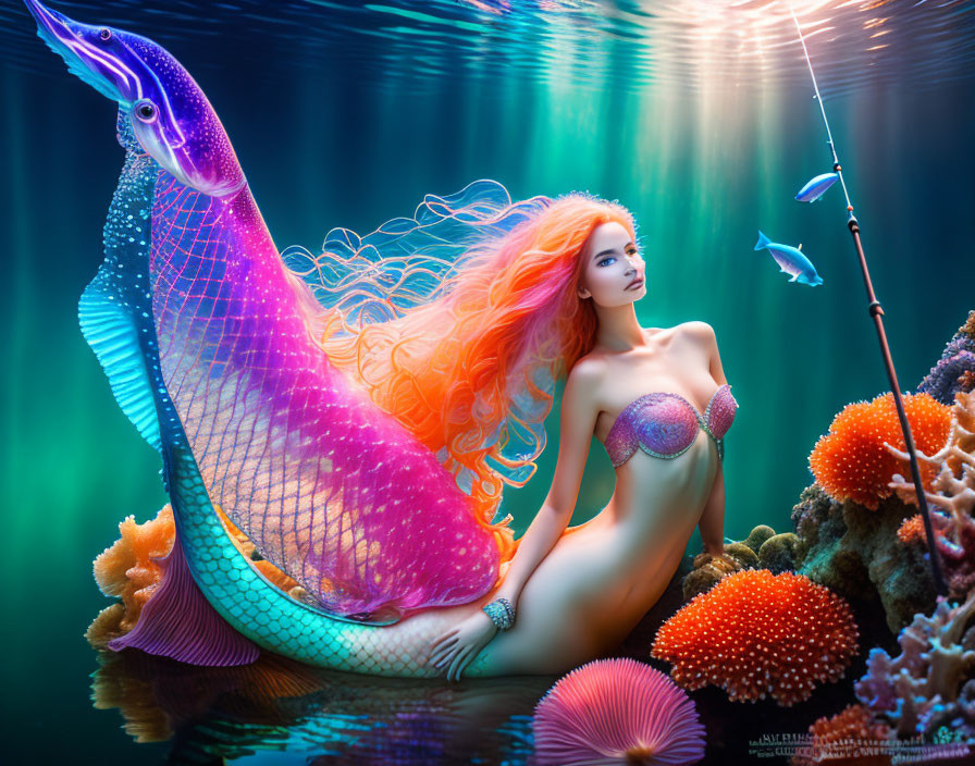 Vibrant orange-haired mermaid with colorful coral and purple fish in surreal underwater scene