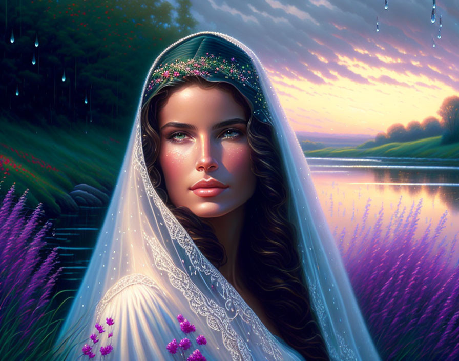 Illustrated woman with tiara and veil in twilight landscape with lake and purple flowers