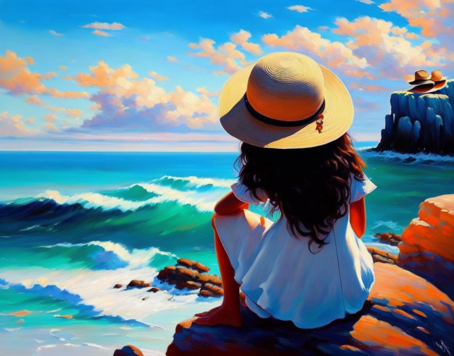 Woman in white dress and straw hat gazes at vibrant blue ocean from rocky cliff