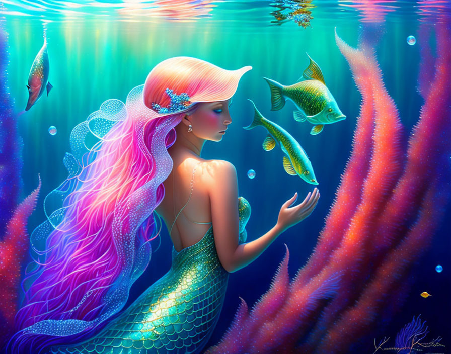 Mermaid with Pink Hair and Turquoise Tail Surrounded by Fish and Coral