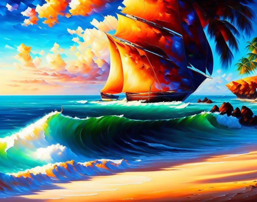 Colorful Sailboat Painting with Waves and Palm-lined Beach at Sunset