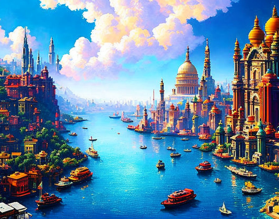 Fantastical cityscape with domed buildings and harbor under blue sky