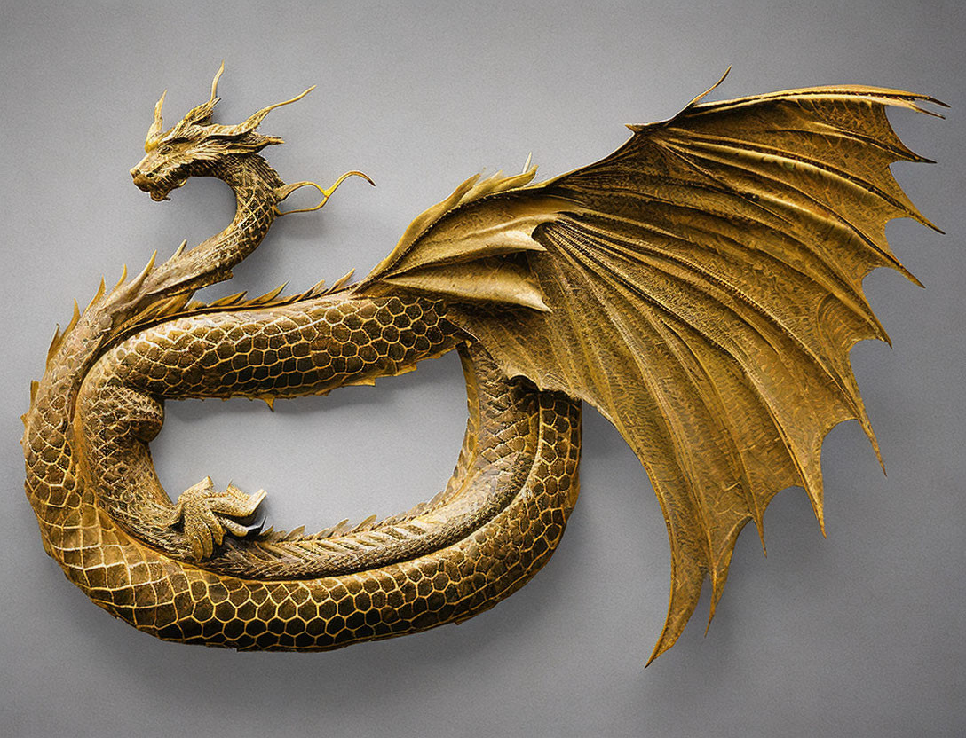 Intricate Golden Dragon Sculpture with Elaborate Scales and Expansive Wings