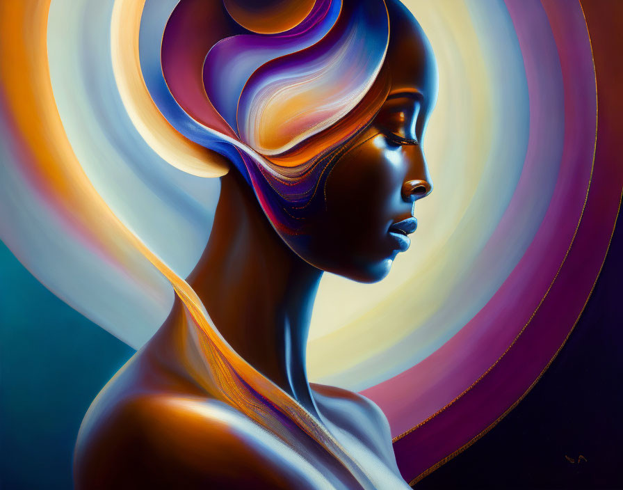 Colorful Abstract Profile Portrait with Swirling Hair and Shoulders