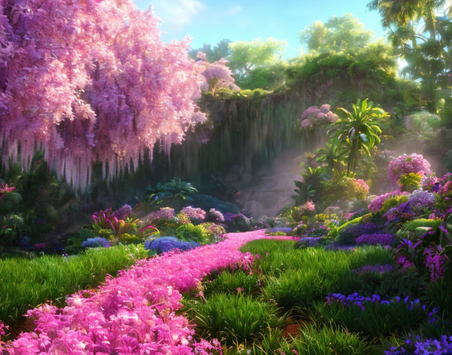 Colorful Garden with Blossoming Tree, Waterfall, and Sunny Landscape