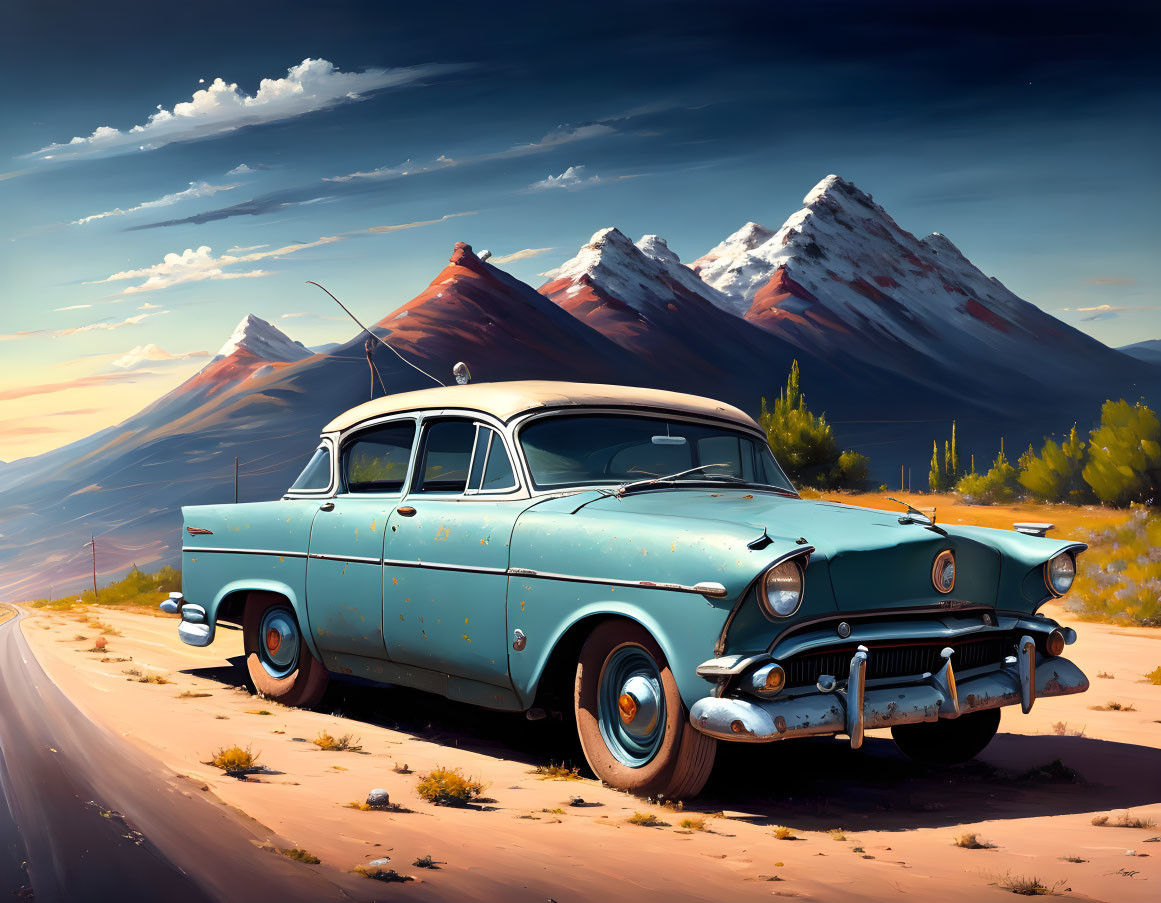 Classic Teal Car on Desert Road with Snowy Mountains