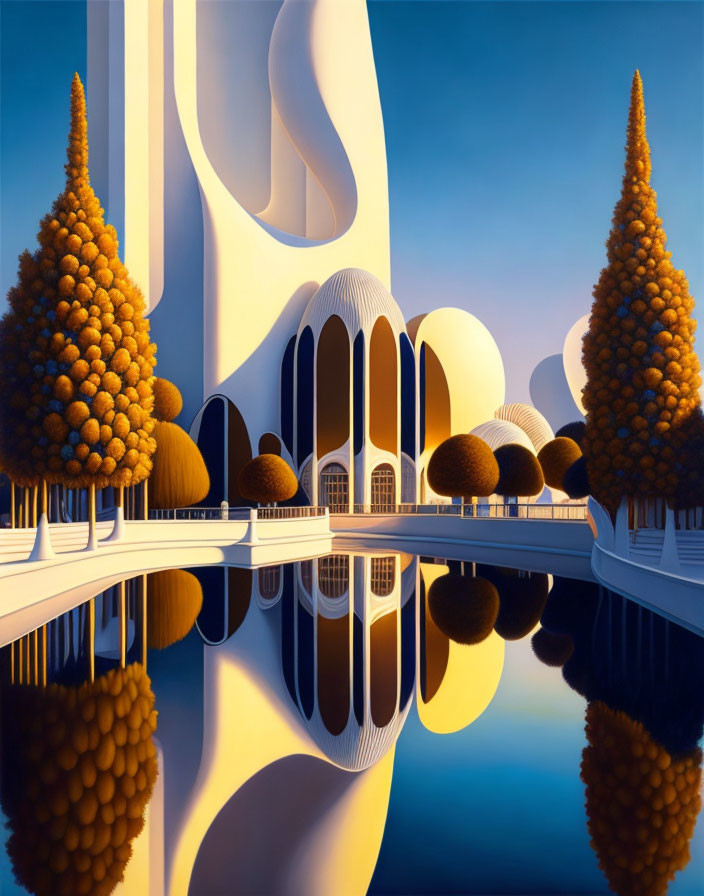 Reflective Futuristic Architecture Amid Autumn Trees and Water Body