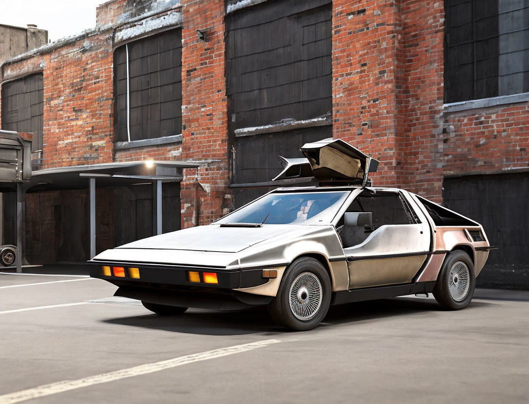 Silver DeLorean DMC-12 with Open Gull-Wing Doors in Urban Setting