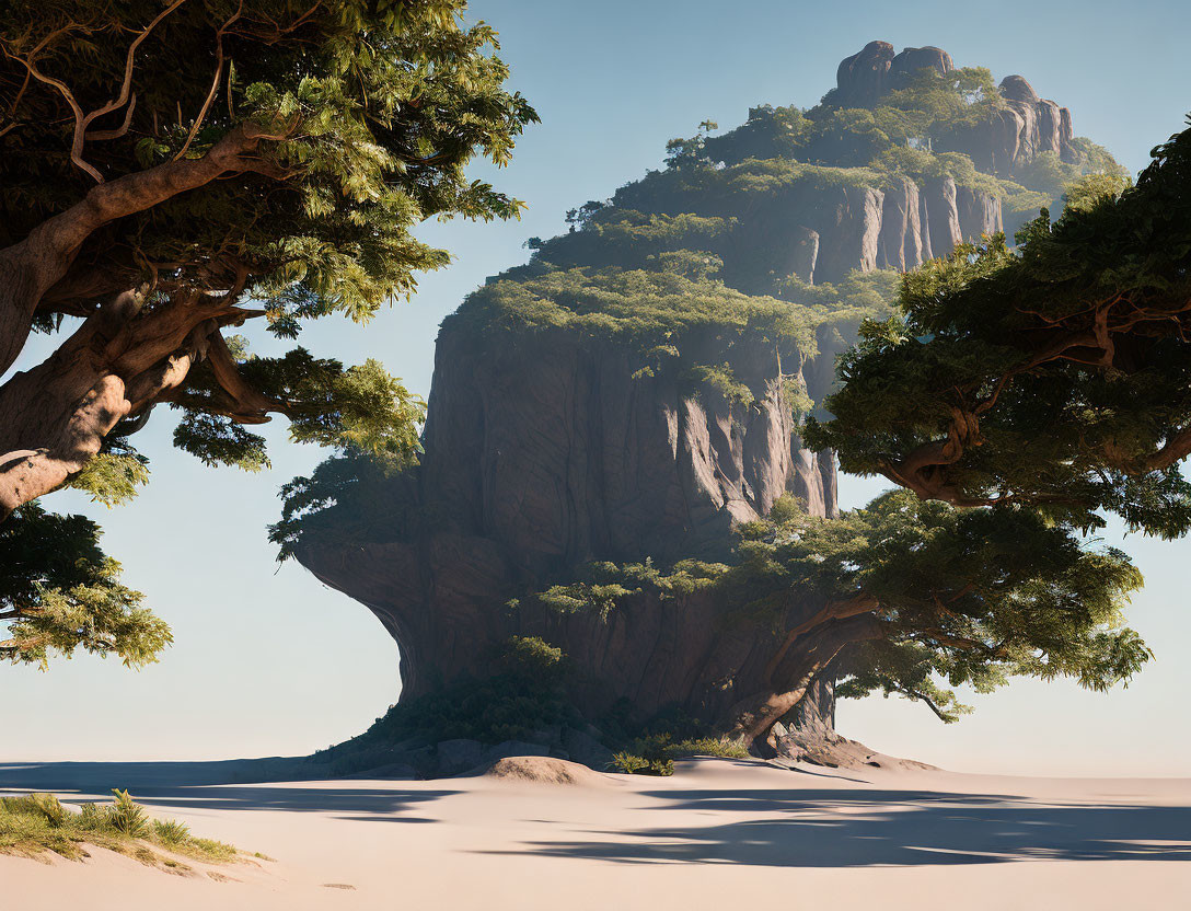 Majestic mountain amid green trees on sandy landscape under blue sky