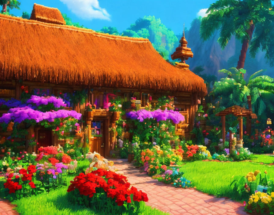 Colorful Flower Garden in Front of Thatched-Roof Cottage