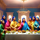 Traditional Attire Group Feast in Lantern-Adorned Room