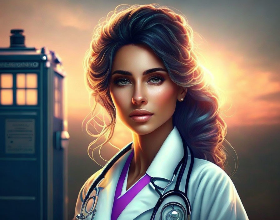 Stylized female doctor with flowing hair in lab coat and stethoscope beside blue police box at