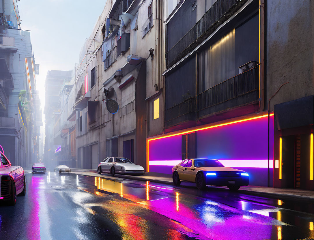 Futuristic city street scene at dusk with neon lights and parked cars