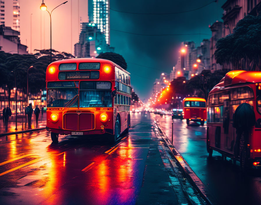 Classic Red Buses on Wet City Street at Twilight