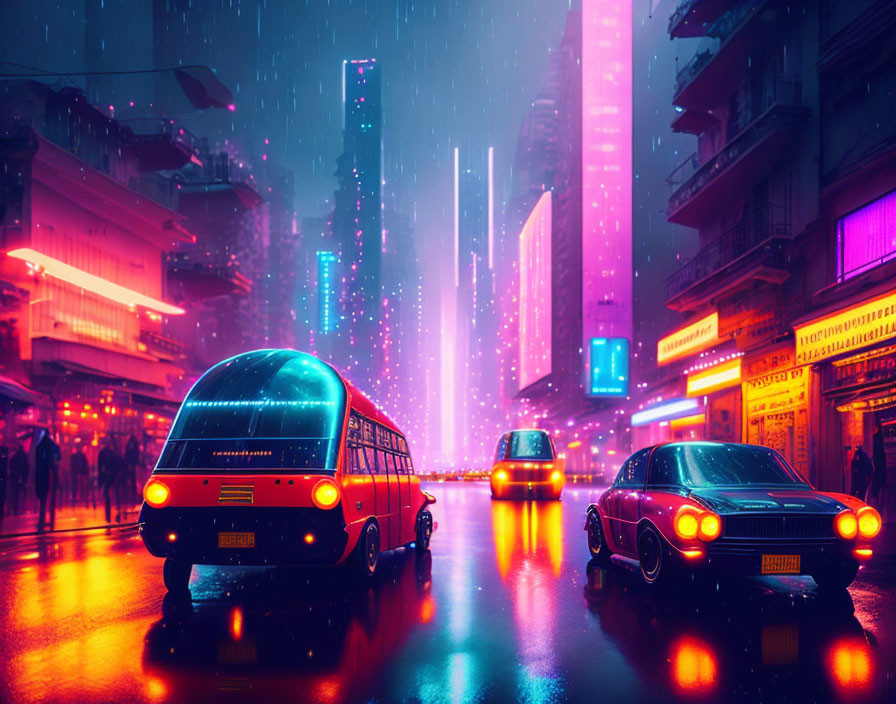 Futuristic neon-lit city street in the rain at night