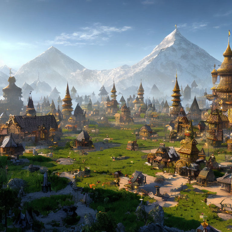 Fantasy village with ornate buildings in lush greenery and snow-capped mountains