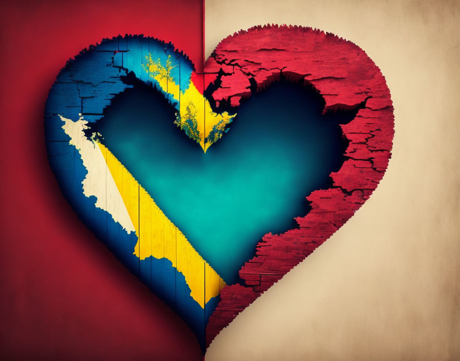 Heart-shaped crack on wall shows Bahamian flag colors