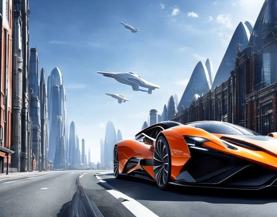 Futuristic city street with orange sports car amid flying vehicles and modern skyscrapers