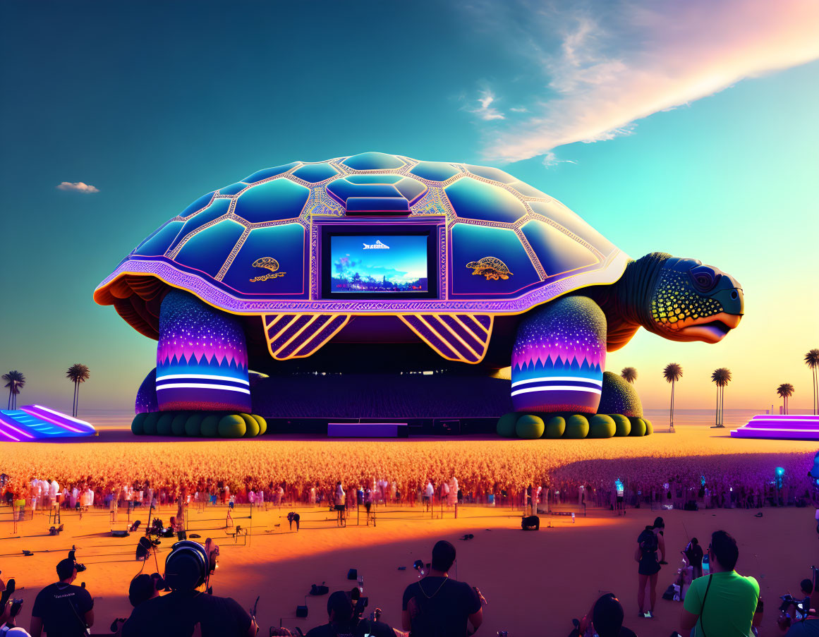 Colorful Giant Turtle-Shaped Stage with Screen Surrounded by Crowd at Sunset