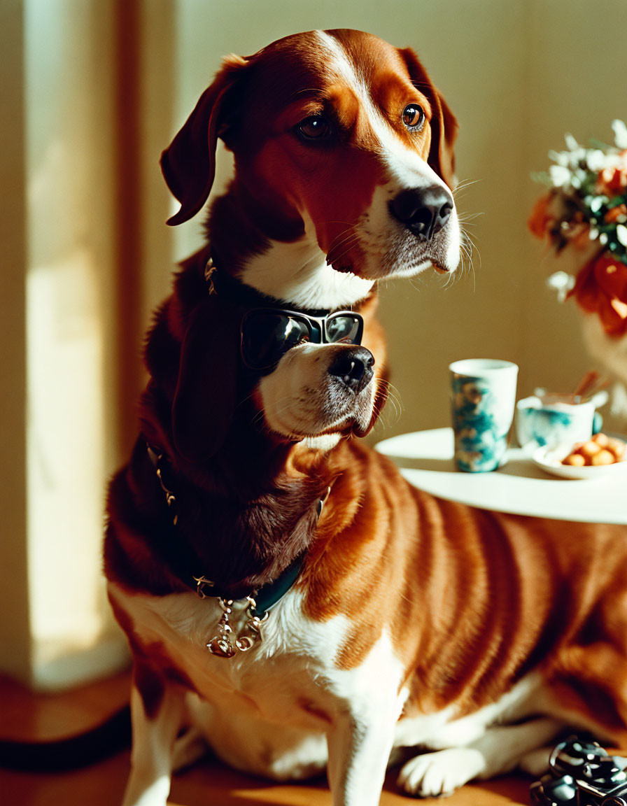 Beagle Dog with Glasses at Table in Sunlight