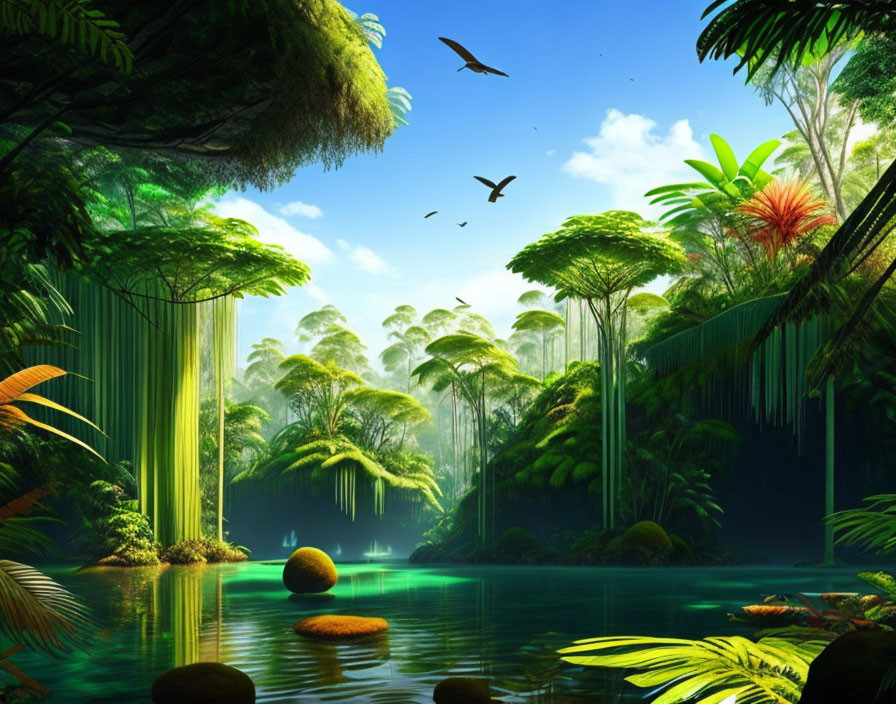 Vibrant jungle scene with towering trees, calm water, colorful foliage, and soaring birds